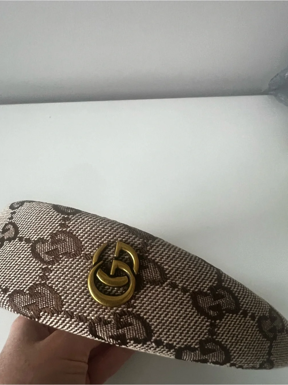 Gucci Brown Beige Monogram Padded Headband with Gold Accent